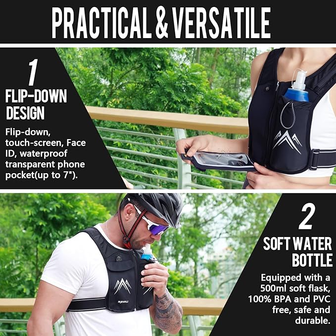REVALI Running Vest, USA Original Patent, Zip Reflective Running Vests with 500ml Hydration Bottle, Adjustable Waistband & Breathable Material, Chest Pack Gear Phone Holder for Men & Women