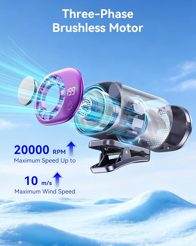 Clip-On Portable Fan with Ice Cooling, 20000 RPM Rechargeable Handheld Turbo Fan, 360° Rotating Detachable Clip, Mini Stroller Fan for Baby, Compact Travel Essentials, Summer Gifts for Women,Grey