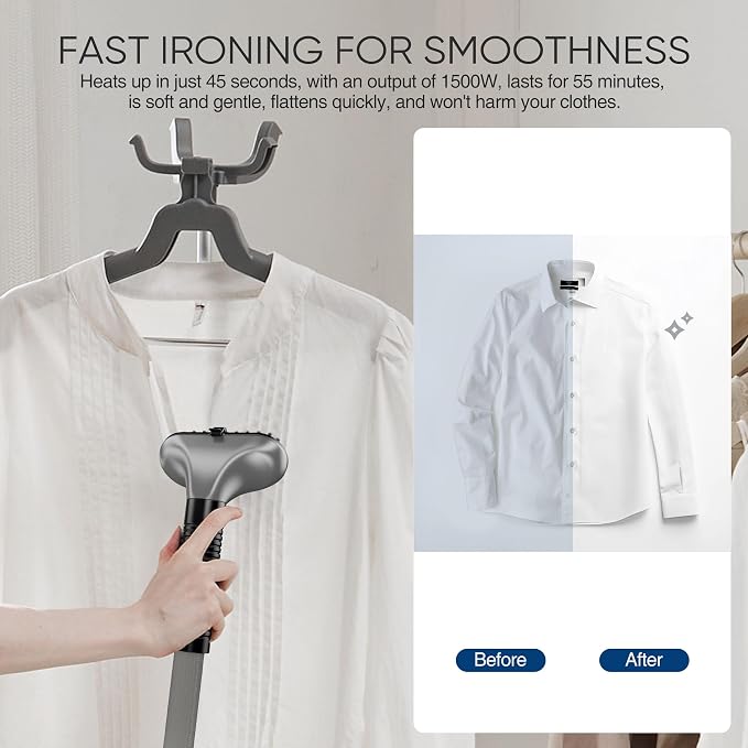Sweetcrispy Garment Steamer for Clothes Standing, 1500W Powerful Clothes Steamer Standing with Wheels, 1.7L Water Tank for 55 Min Continuous Steaming, Professional Wrinkle Remover Heats in 45 Seconds