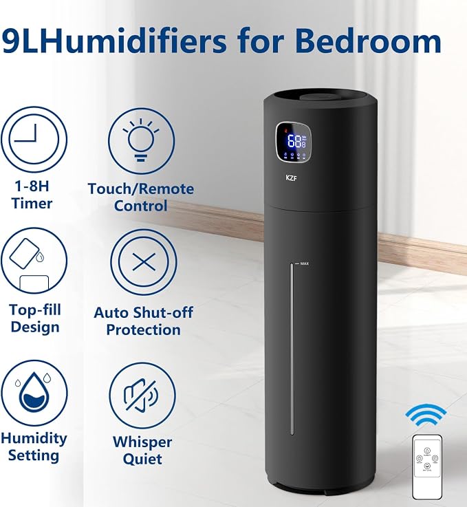 KZF Humidifier Large Room, 9L Humidifiers for Bedroom, Ultrasonic Cool Mist Humidifiers with Humidistat, 360°Nozzle, 350ML/H Big Mist Level, Suitable for Baby Livingroom Yoga Office Plants Home