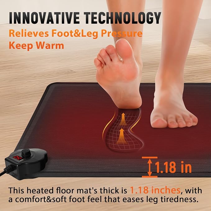 Heated Anti-Fatigue Floor Mat Under Desk - Heated Standing Mat Cushioned with Foot Warmer 17.7"x30",8 Levels Temp & 12H Timer, 1.2" Thick Comfort Foam Heating Pad for Kitchen,Office,Home,Durable
