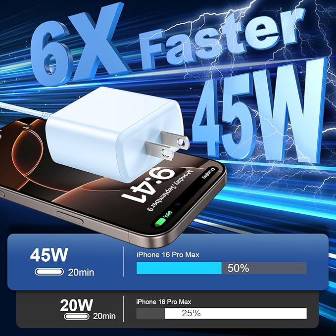 Phone 17 16 Pro Max Charger Fast Charging,45W Phone 17 Charger USB C Super Fast Charger Block&10FT Long Type C Charger Cable Cord for i.Phone 17/17 Pro/17 ProMax/Air/16/16Pro Max,Blue/Pink