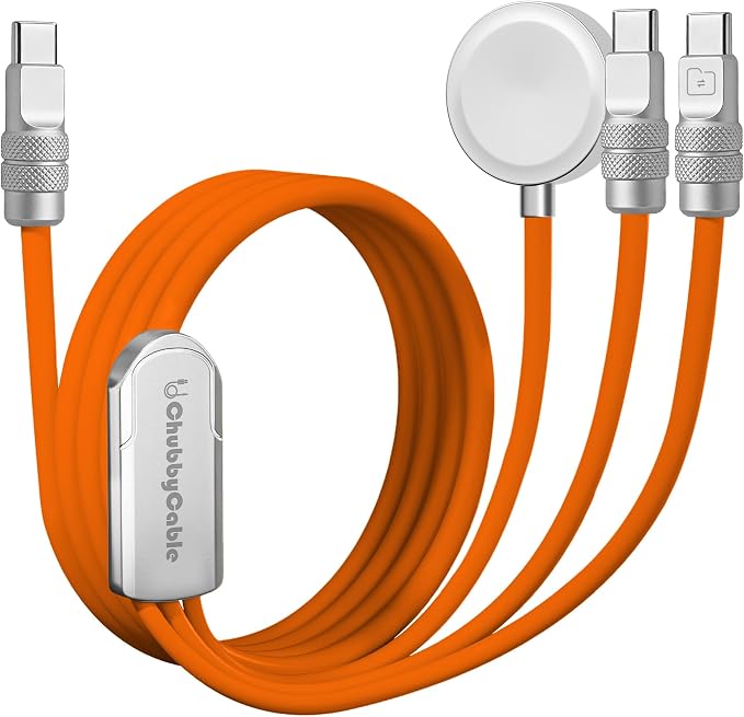 chubbycable Tri-Flex 3 in 1 USB C Cable for Apple Watch Charger Silicone 100W Multi Charging Cable Fast Charge Compatible with iPhone 17-15 Series Apple Watch iPad MacBook AirPods, 4.1FT, Orange