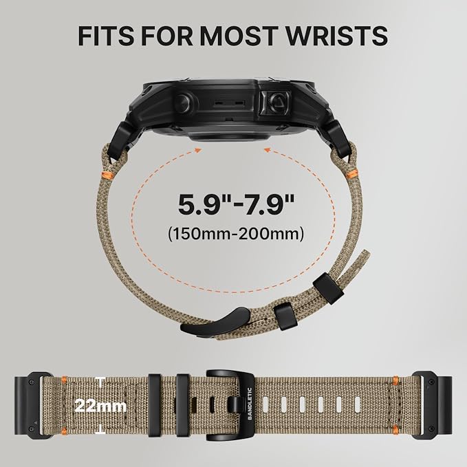 Bandletic Nylon Strap Compatible with Garmin Instinct 2 Watch Band - 22mm Quick Fit Rugged for Fenix 8 E 47mm/7 6 Pro/5 Plus/Instinct 3 E 45mm /Forerunner 965/955/945 /Approach S70/S62/S60/Epix Pro 2