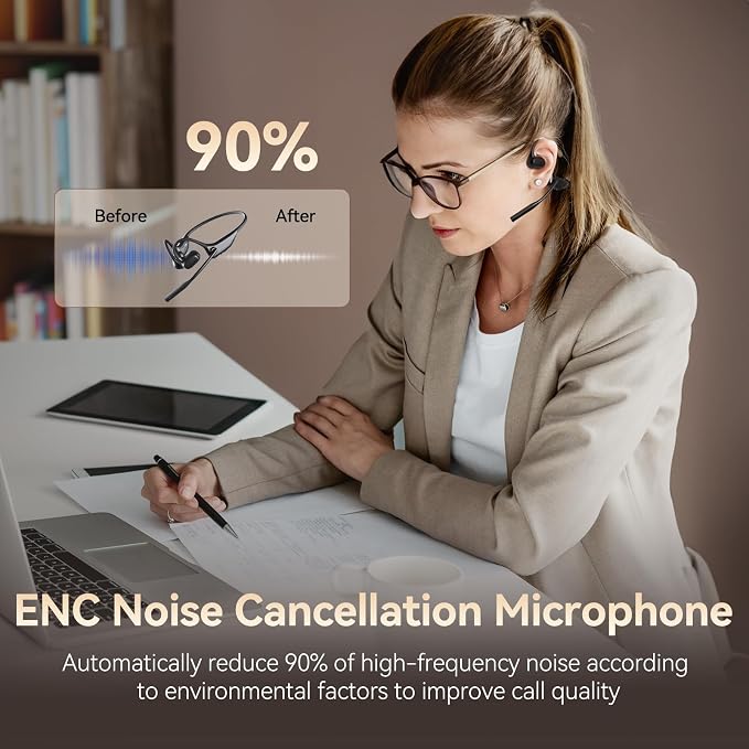 CXK Open Ear Headphones with Mic, Wireless Headset with AI Noise Cancellation Microphone Bluetooth 5.3 Bluetooth Headset with Mic Air Conduction Headphones for Work Call Meeting Driving