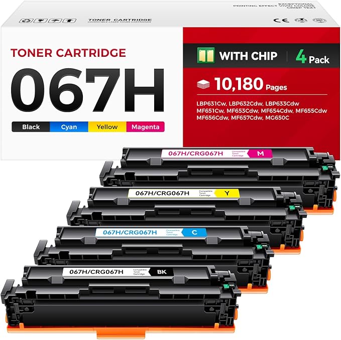 067H Toner Cartridge Set 4-Pack MF656Cdw MF654Cdw High Yield Replacement for Canon 067 067H Compatible for Color imageCLASS LBP632Cdw LBP633Cdw MF652Cdw MF653Cdw Printer Black Cyan Magenta Yellow