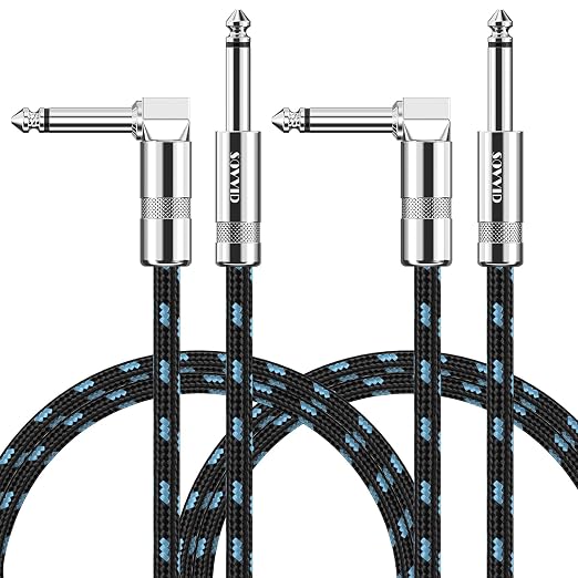 6FT Instrument Cable 2 Pack - Electric Guitar & Bass Cable with Right Angle 1/4 Inch Connector - Black & Blue