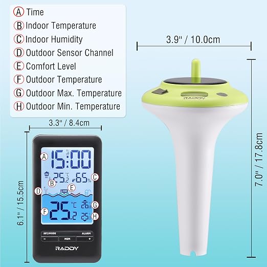 Raddy PT-5 Wi-Fi Pool Thermometer, Wireless Smart Floating Sensor with Indoor Console, APP Remote Monitoring, IPX8 Waterproof, Solar & USB-C Rechargeable, for Hot Tub Spa Swimming Pool Tank Aquarium