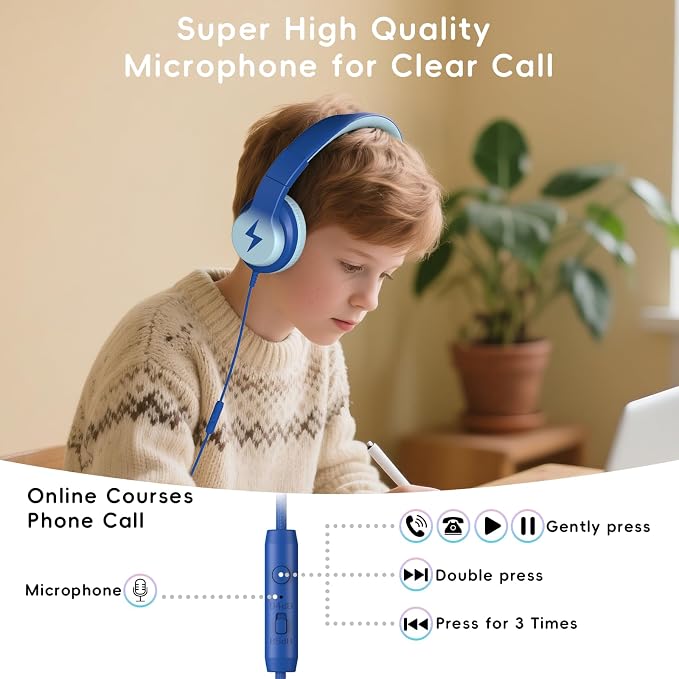 Candy Bila Kids Headphones, Wired Headphones for Kids Over Ear with Microphone, Foldable Headphone for Learning & Entertainment,Light Blue
