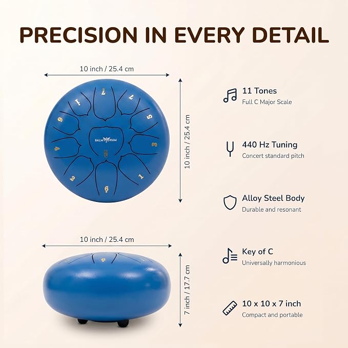 Balmy Drum Steel Tongue Drum 10 inch 11 Notes 440Hz, Handpan Drum with Music Book, Mallets, Carry Bag, Finger Picks, Rain Drum for Outdoor, Meditation Yoga Calming Instruments for Adults Kids (Blue)