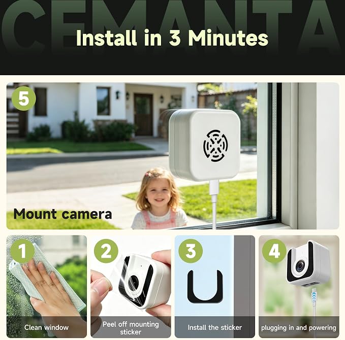 3MP Window Camera,Free Cloud Storage,2.4Ghz & 5Ghz WiFi Indoor Cameras for Home Security, Color Starlight Night Vision, Anti-Glare, AI Motion Detection, 24/7 Recording, Compatible with Alexa