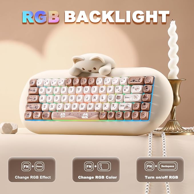 YUNZII C68 Wireless Mechanical Keyboard,65% Layout,Hot Swap,Triple Mode BT5.0/2.4G/Wired, RGB Backlit NKRO,Cute Cat Silicone Ergonomic Design for Win/Mac (Brown, Milk Switch)