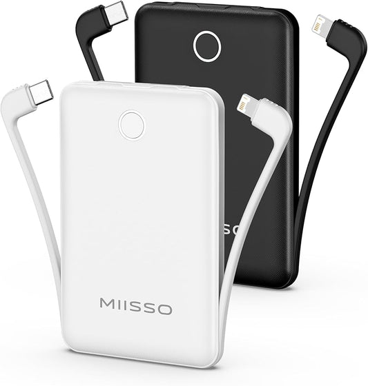 10000mAh Mini Portable Charger with Built in Cable, Pocket Size Power Bank Travel External Battery Pack for Phone, 3 Output USB Type C Cord Clutch Compatible with iPhone, Samsung, 2 Pack Black & White