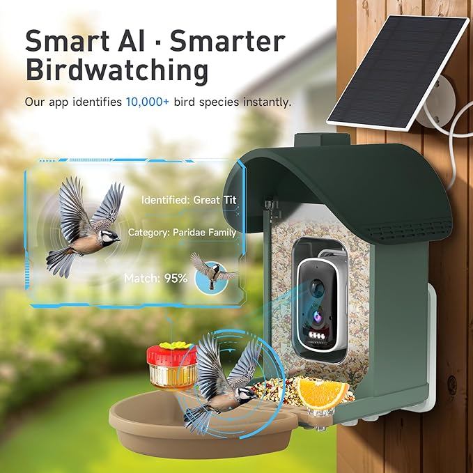 ChirpingPal™ AI Smart Bird Feeder with Camera | 2.5K HD Live View & Photos | Night Vision | 10,000+ Species ID | Solar-Powered with Built-in Battery | with Bird Bath Kit | Sage Green