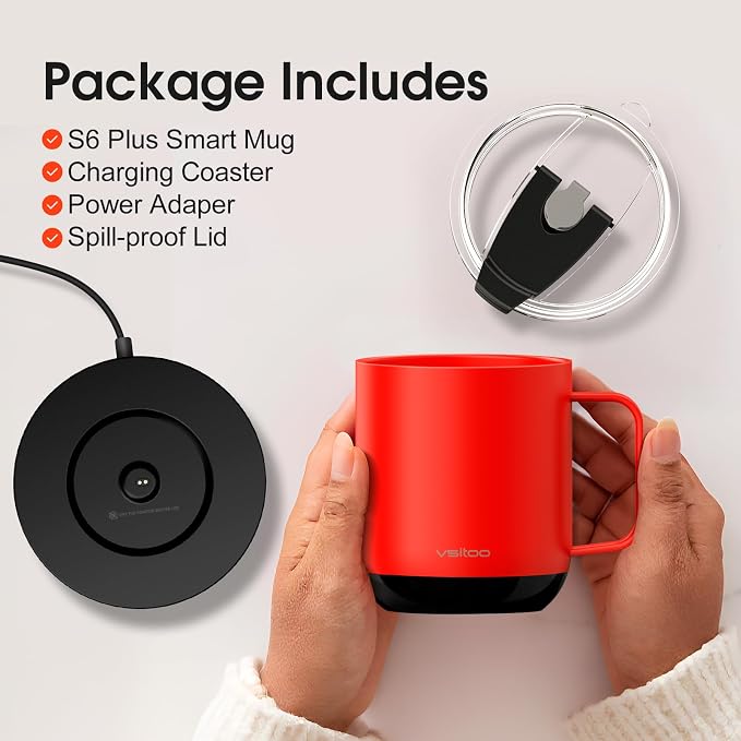 Vsitoo S6 Plus 12oz Smart Self Heating Coffee Mug, AI Auto-Sensing Heated Espresso Mug Temp Control 120-150℉, Rechargeable Mug Warmer with Music LED, IPX7 Gift for Women Men-Red