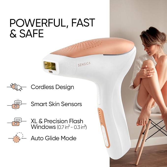 Sensica Sensilight PRO IPL Hair Removal Device, At-Home Cordless Use, XL Body Window for Fast Full-Body Use & Precision Window for Face, Auto Glide, 2 Smart Sensors, 6 Energy Levels - IPL300