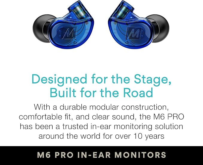 MEE audio M6 PRO Musicians' in-Ear Monitors Wired + Wireless Combo Pack: Includes IEMs, 2 Audio Cables and BT3 Hi-Res Bluetooth Audio Adapter w/aptX, LDAC, Auracast Support, & Built-in Headset (Blue)