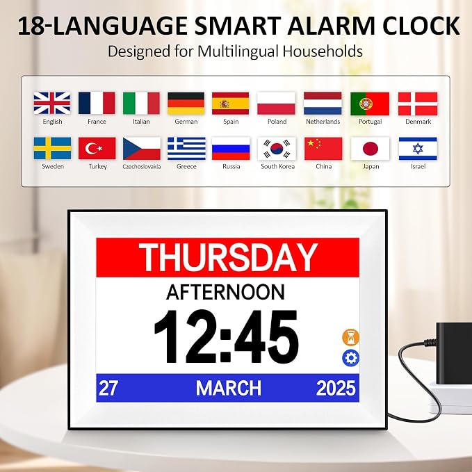 10.1" Touchscreen Digital Clock Large Display, Dementia Clocks for Seniors Custom 64 Reminders and Alarms, Auto DST, Auto-Dimming, Digital Alarm Clock with Day and Date for Elderly(White)