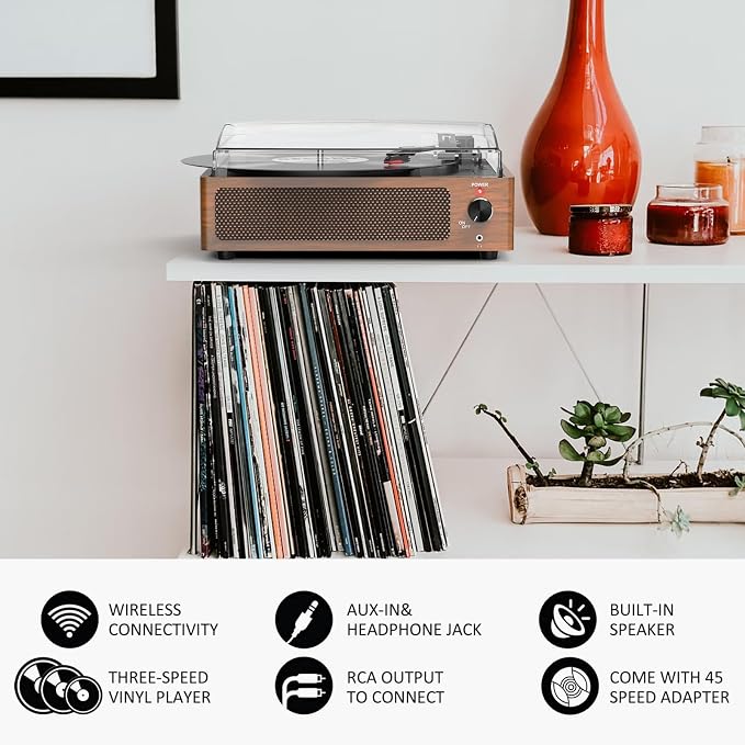 Vintage Record Players for Vinyl with Speakers Belt-Driven Retro Turntable LP Player Support 3-Speed, Bluetooth Playback, AUX-in, Headphone, RCA All-in-one Auto Stop Phonograph Wooden Brown