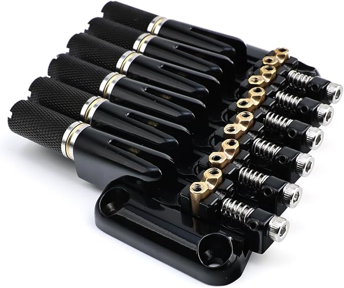 Fanned-fret 6 String Headless Guitar Bridge 10.5mm Headless Fixed Bridge -Brass Saddles Zinc Alloy Plate, Easy Installation/Adjustment, Fits Most 6-String Headless Electric Guitars Black