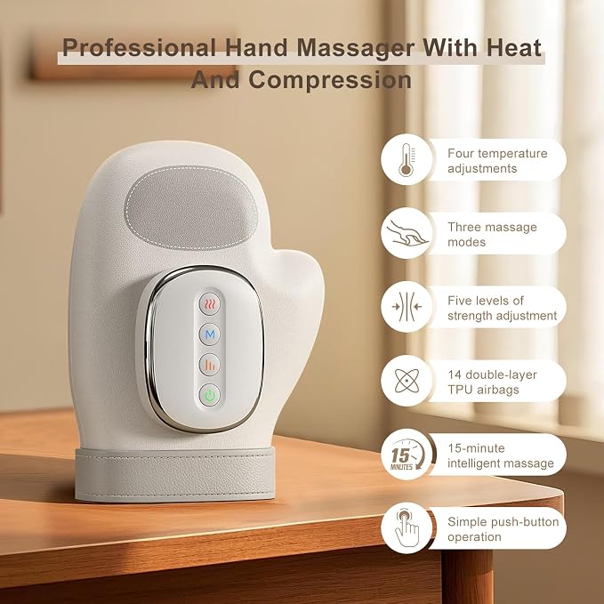 Hand Massager with Heat and Compression, Hand Massager for Arthritis and Carpal Tunnel Relief, Palm & Wrist Pain, 5 Levels 3D Wave Pressure, 3 Heat Settings, Portable Cordless Electric Hand Massager