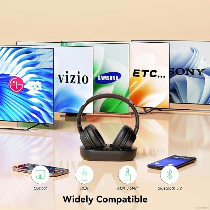 Wireless Headphones for TV, TV Headphones Wireless for Seniors with Easy Setup, Compatible with Most TVs, Charging Base, 65H Playtime, Low Latency Audio, TV Headset, Ideal for Dad, Mom