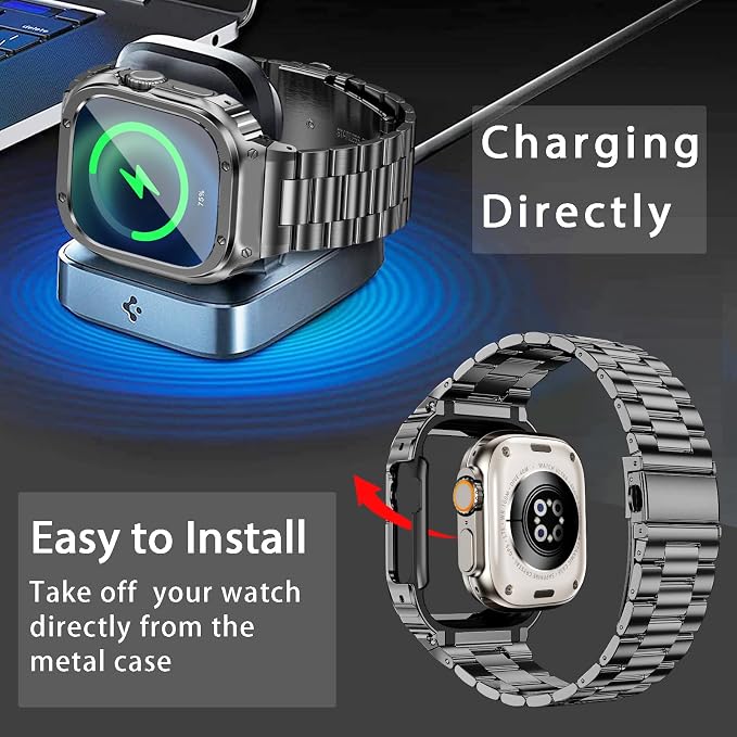 MioHHR Stainless Steel Band and Case Compatible with Apple Watch Band 49mm, Men Metal Protective Bumper Cover for iWatch Series Ultra 3/2/1, Space Gray