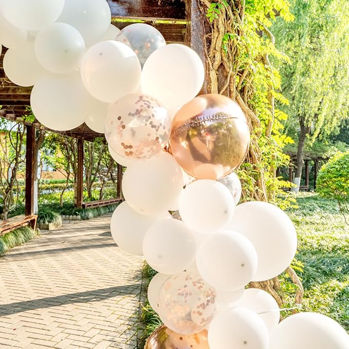 Restaurantware-Balloonify Balloon Garland Set, 1 Party Decoration Kit - 111 Balloons, With Chain, White & Rose Gold Latex Balloon Arch Kit, Includes Glue Dots