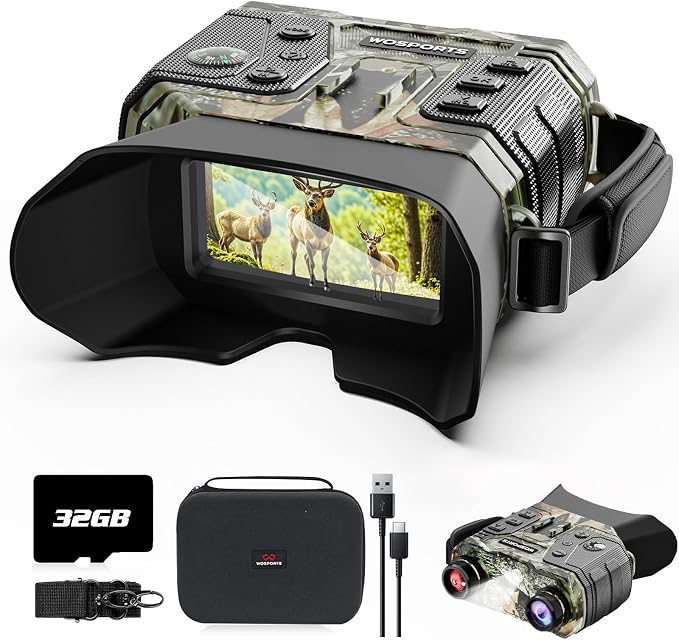 WOSPORTS 4K Night Vision – 1300FT Long-Range View with 8X Zoom, 15H Battery & 32GB Card – Tactical Camo Gear for Camping