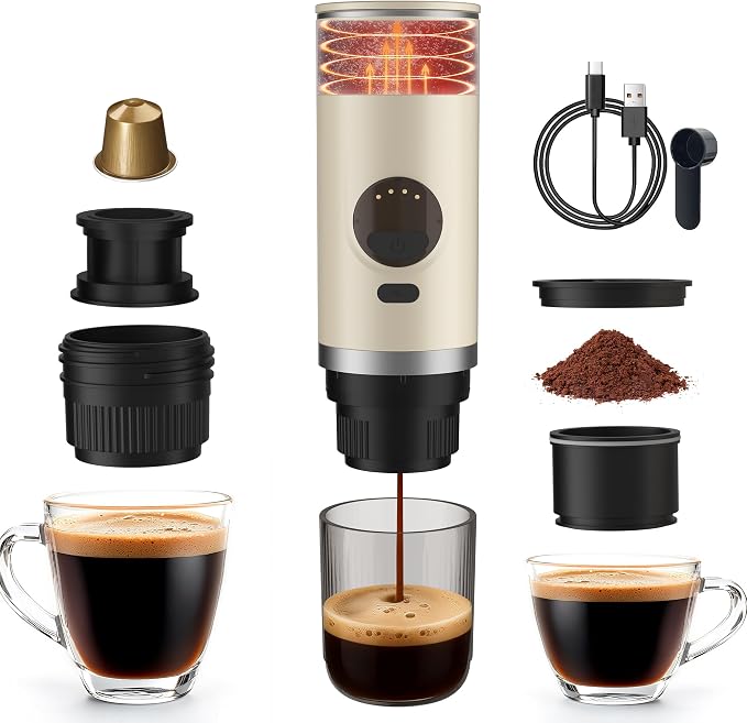 Portable Travel Espresso Maker,20-Bar Camping Espresso Coffee Machine for Travel Car,Electric Self-Heating with Battery Operated,Rechargable,Ground Coffee& Capsule Compatible,80 ml Cup,White