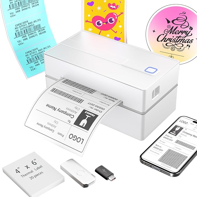 Bluetooth Thermal Shipping Label Printer: 4x6 Wireless Label Maker with Tape for Small Business - Compatible with iPhone, Android, Windows & Mac, Widely Used for USPS UPS Amazon Shopify, White