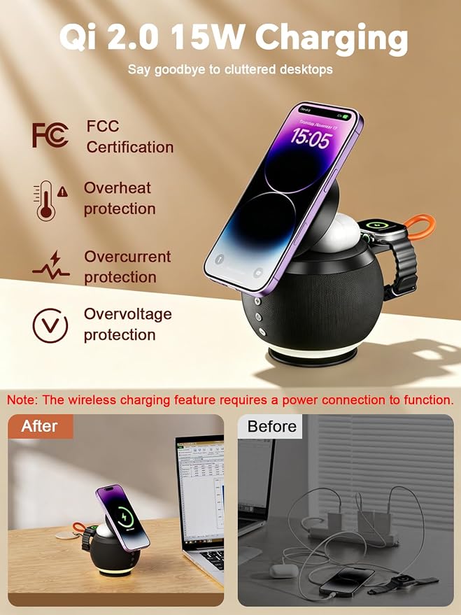 5 in 1 Wireless Charging Station with Bluetooth Speaker and Night Light, Magnetic Fast Charger Stand for iOS Phones, Smartwatch and Wireless Earbuds, Bedside Charging Station, Black