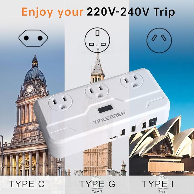 Yinleader Step Down 220V to 110V Voltage Converter Travel Adapter for Hair Straightener/Curling Iron with USB-C (20W PD) and UK/AU/EU Worldwide Plug Adapter (250W)