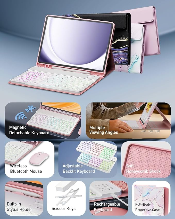 Keyboard Case for Samsung Galaxy Tab A11 Plus 11 Inch 2025/ A9+ Plus 2023 Tablet, Detachable Rainbow Backlit Wireless Keyboard and Mouse, Slim Stand Cover with S Pen Holder (Pink Marble)