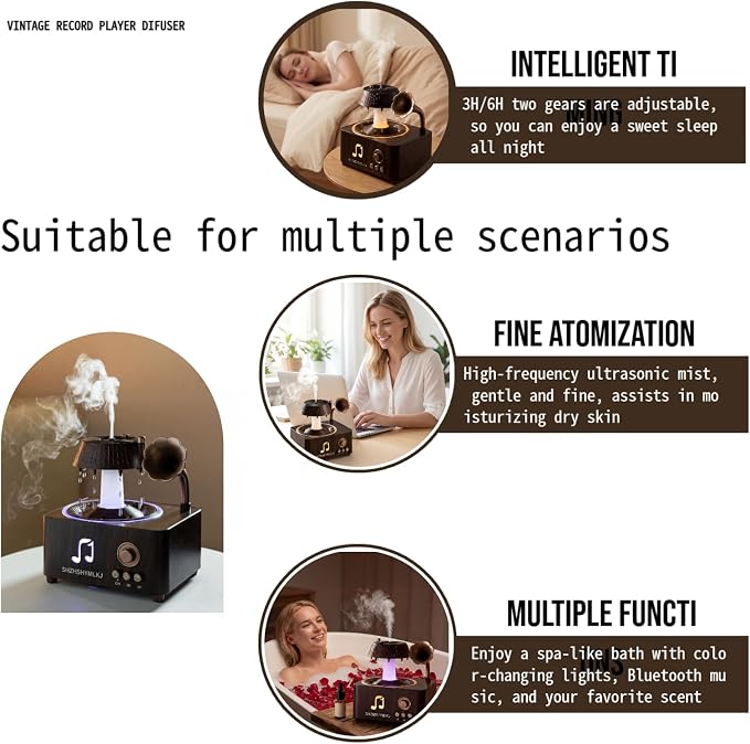 Vintage Record Player Diffuser with Bluetooth, 7-Color Lights & 7 White Noises, Ultrasonic Aroma Diffuser, 3H/6H Timer, Raindrop Rotation, Auto Shut-Off, Remote, for Home Office Decor