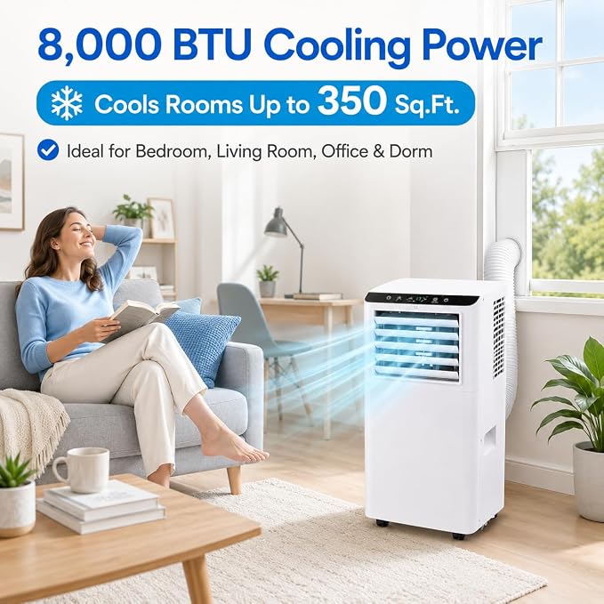 8,000 BTU Portable Air Conditioners, Portable AC Unit for Basement & Bedroom, Remote & Auto Evaporation, 4-in-1 Cooling Unit, Floor AC, Covers Rooms up to 350 Sq.Ft, Sleep Mode, Remote Control
