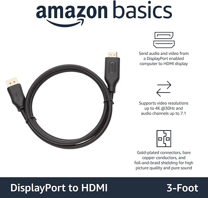 Amazon Basics DisplayPort to HDMI Cable, Video and Audio, Uni-Directional, 1920x1200, 1080p Full HD, Gold-Plated Plugs, 3 Feet, Black, 5-Pack