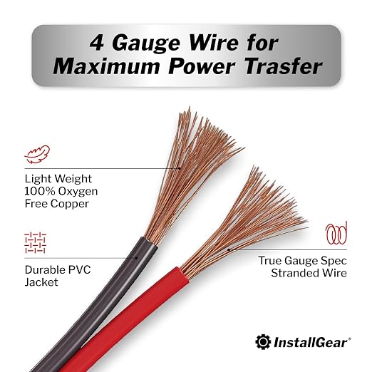 InstallGear 4 Gauge Battery Cable - 25ft Pure Copper OFC Cable, Flexible Power and Ground Wire for Car Audio, Speaker, RV Trailer, Amp, and Battery Wiring - Durable and Heat Resistant Jacket