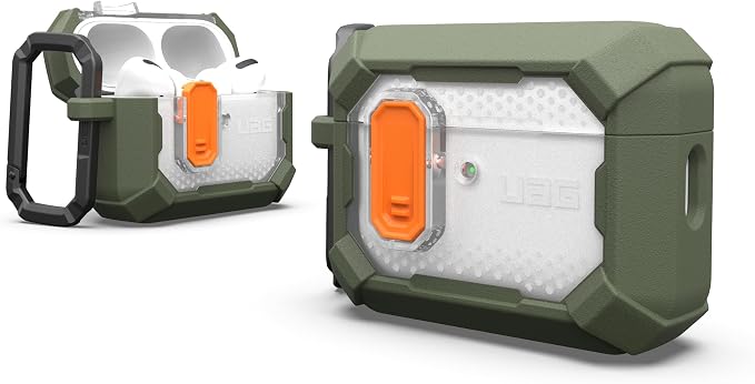 URBAN ARMOR GEAR UAG Designed for AirPods Pro 3rd Gen Case, Rugged Military Grade Drop Proof Protective Cover with Detachable Carabiner Clip & Secure Lip Closure, Plasma Olive