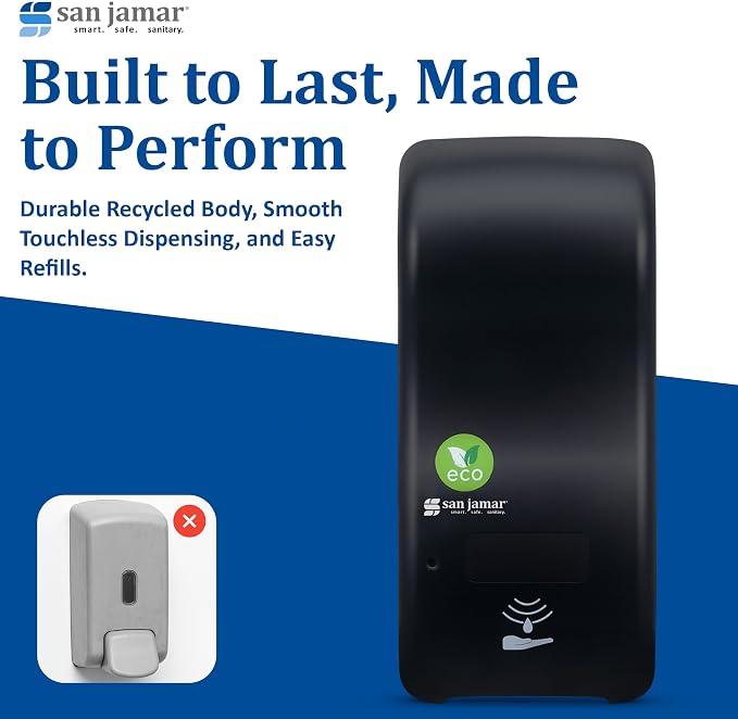 San Jamar ecoLogic Rely Recycled Plastic Hybrid Electronic Liquid Soap Dispenser, Liquid Lotion Dispenser, Wall Mounted Dispenser for Home and Business, 900 Ml, Black
