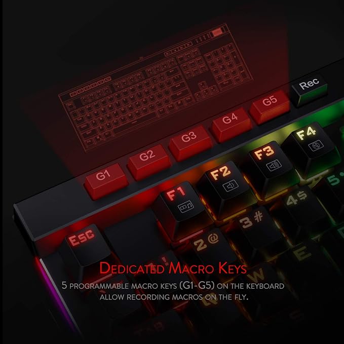 Redragon K580 VATA RGB LED Backlit Mechanical Gaming Keyboard with Macro Keys & Dedicated Media Controls, Hot-Swappable Socket, Onboard Macro Recording (Blue Switches)