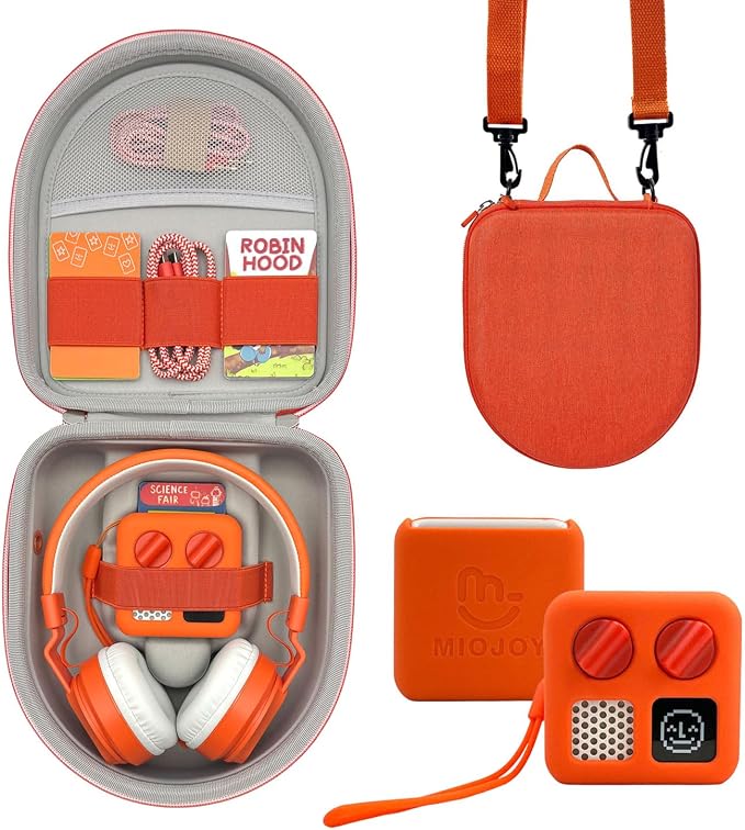 Silicone Cover and Travel Case Compatible with Yoto Mini with Headphones, Hard Carrying Case with Shoulder Strap and Adventure Jacket Accessories Set for Yoto Mini, Orange