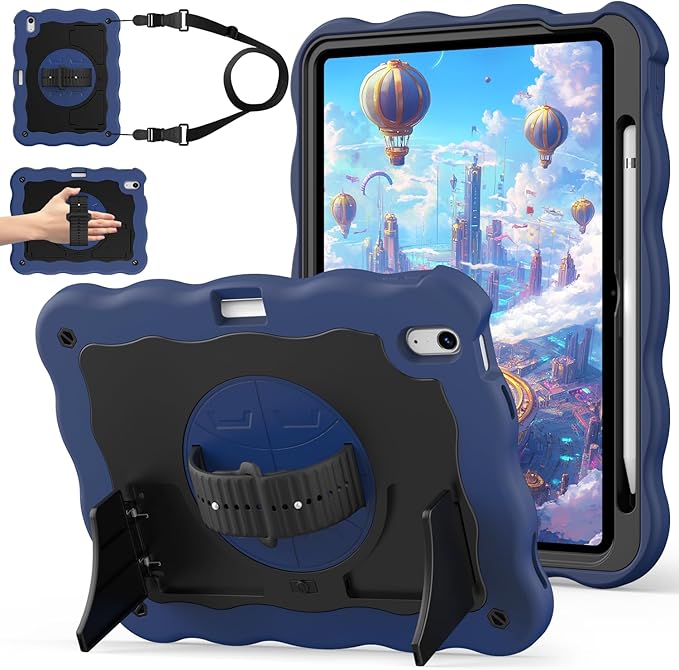 ZoneFoker for iPad A16 11th Generation 2025 / 10th Gen Case 2022, for 11 Inch / 10.9 Inch iPad Case Heavy Duty Cover Shockproof with Pencil Holder [360° Rotate Strap] & Stand, Navy Blue