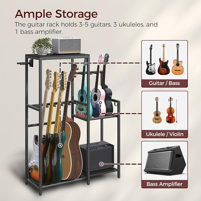 MAHANCRIS Multi-Guitar Rack, for Acoustic, Electric, Bass, Ukulele, Banjo, 5 Guitars, AMP Stand, Record Rack, Accessory Holder, EVA Cover, Home Studio, Black GSHB8501