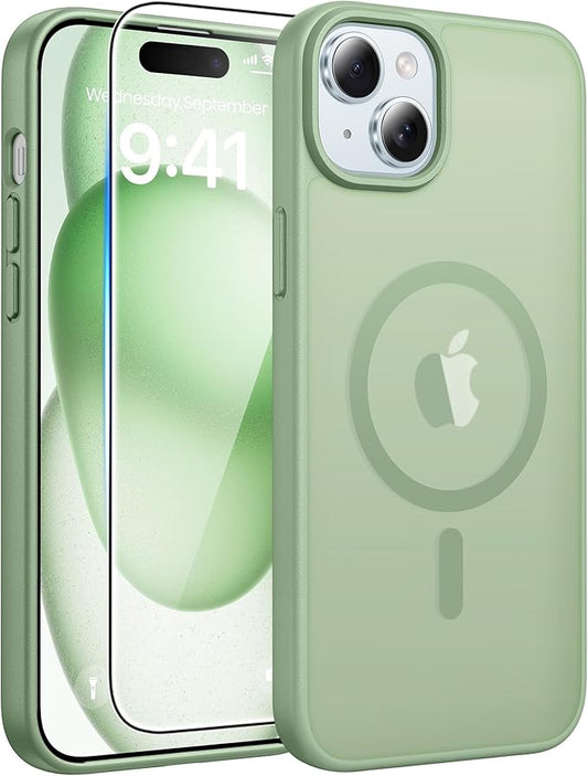 FNTCASE for iPhone 15 Case: for iPhone 14 Case & iPhone 13 Case [Compatible with Magsafe] Translucent Matte Cases with [Screen Protector] Military Grade Shockproof Protective Phone Cover - Light Moss