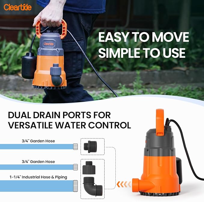 Cleartide Submersible Water Sump Pump with Float Switch, 1/2 HP 3060 GPH High Flow, Ideal for Yard and Flooded Cellar, Hot Tub, Garden Irrigation, Debris-Handling up to 3/8"