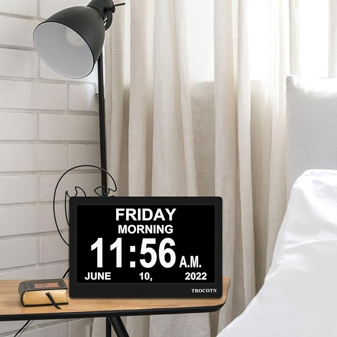 TROCOTN Dementia Clocks, Large Display Calendar Alarm Clock with Auto DST for Seniors, 5 Display Modes Large Font Digital Clock with Custom Alarms Day Date Clocks. (10 Inch Black)
