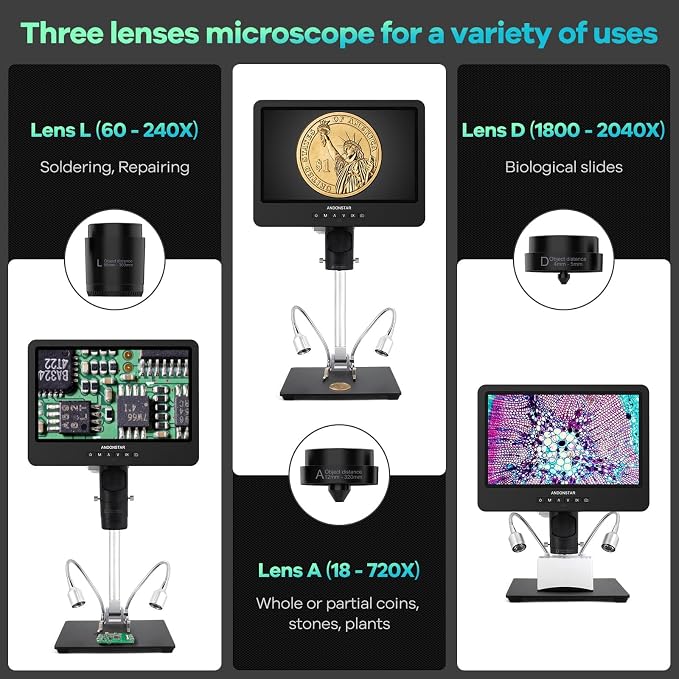 Andonstar AD249S-M 10.1 Inch HDMI Digital Microscope 2000x for Adults, 3 Lens 2160P UHD Video Record, Soldering Microscope for Electronics Repair, Error Coins, Pro Boom Arm Stand, Windows Compatible