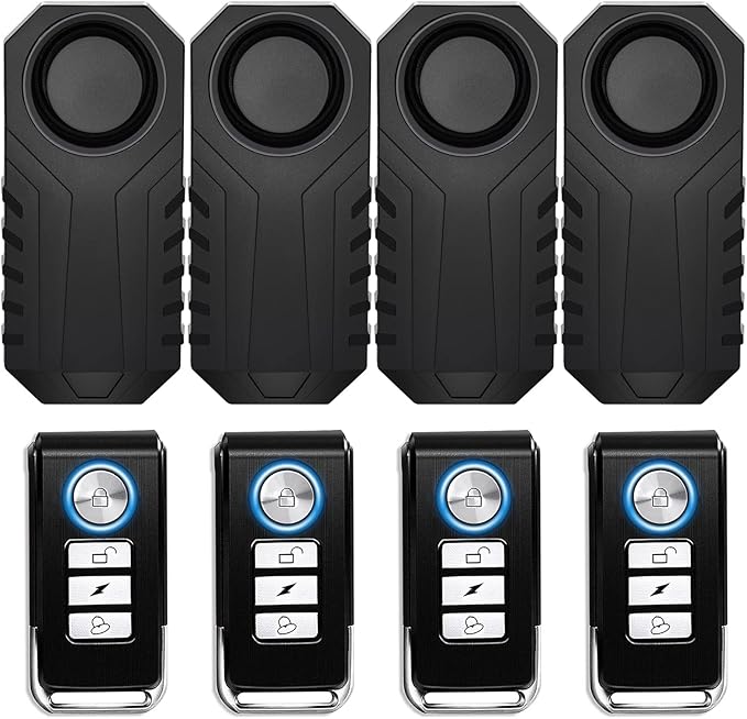 4Set Vibration Sensing Bike Alarm with Remote, 113db Loud Bicycle Alarm System Anti Theft, Wireless Motorcycle Alarm for Electric Bike Tricycle Mobility Scooter Vehicles Ebike for Cycling Security