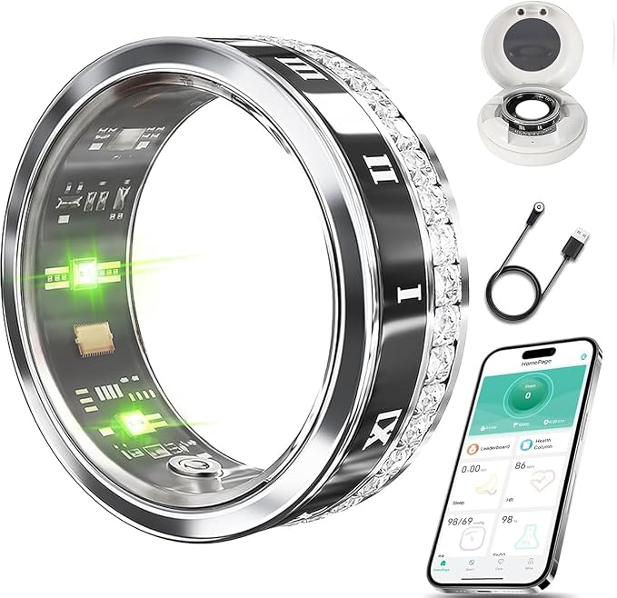 Smart Ring for Women & Men, AI Health Monitor with Blood Oxygen & Stress Tracking, No Subscription Fee, IP68 Waterproof Diamond-Encrusted Black 8#